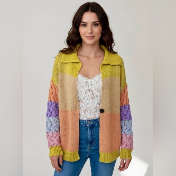 Storia Pastel Colorblock Knit Cardigan NWOT Size Small Single Button - Picture 7 of 8